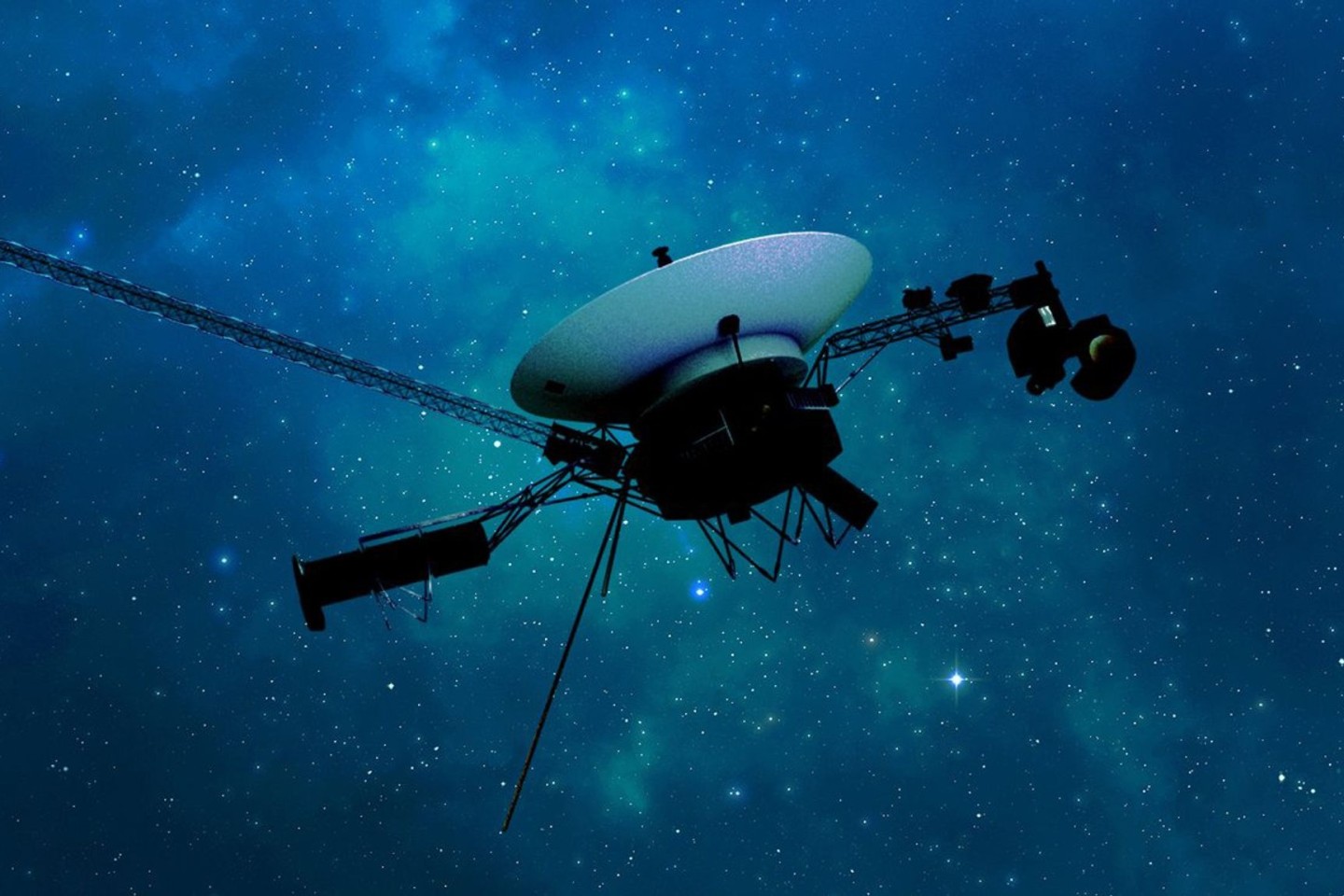 Eine künstlerische Darstellung der Raumsonde Voyager 1 der NASA auf ihrer Reise durch den interstellaren Raum bzw. den Raum zwischen den Sternen.